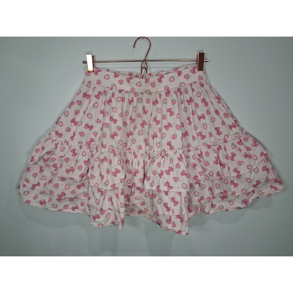 Hot Topic Pink Strawberry Bow Tiered Petticoat Skirt Pockets White Cotton SM